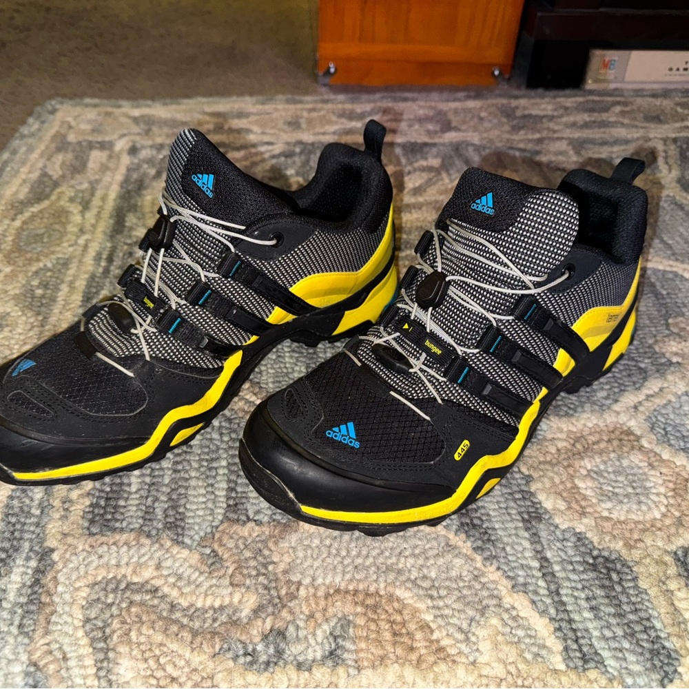Adidas Black and Yellow Trail Shoes with Blue Highlights